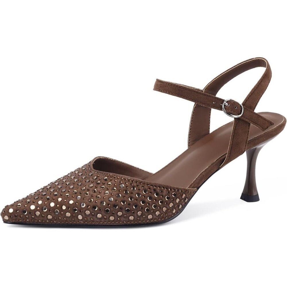 Women's Brown-Rhinestone Slingback Pointed Toe Stiletto Buckle Strap Low Heel